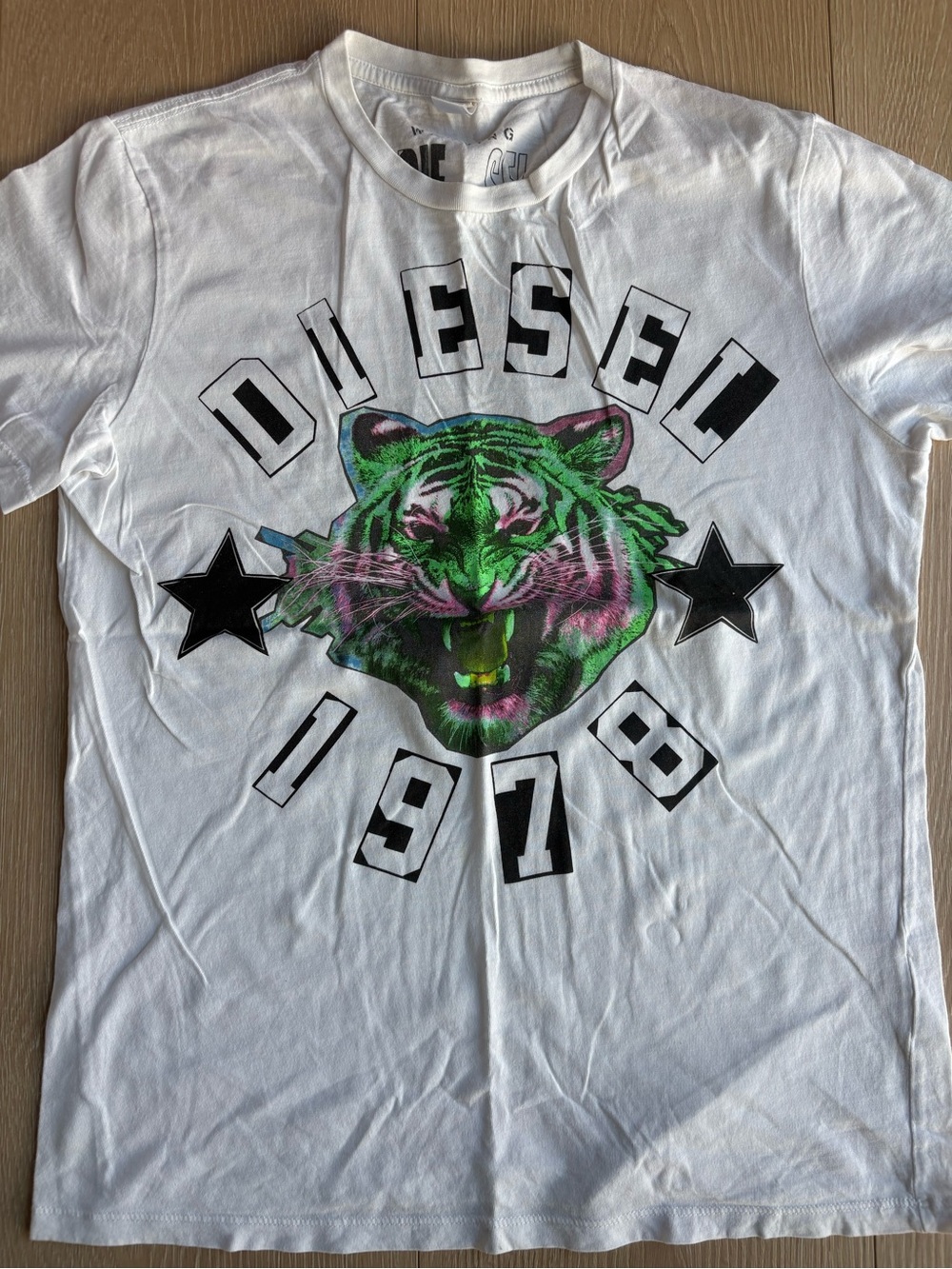 Diesel White Tee with Green and Pink Tiger Graphic